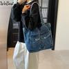 Джинсовая сумка-тоут большой вместимости для женщин 2025 Новая простая наплечная сумка в корейском стиле Повседневная сумка-тоут для поездок