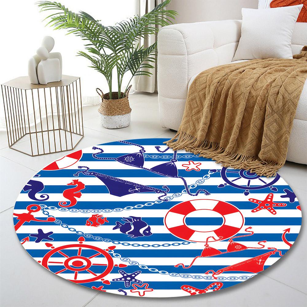 Nautical Theme with Stripes and Symbols Print round rug, living room, bedroom, playroom carpet, non slip floor mat, gift