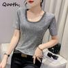 Женская рубашка размера S-3XL с круглым вырезом и блестящими базовыми рубашками со стразами, темпераментные модные тонкие пуловеры с короткими рукавами, топ QT2107