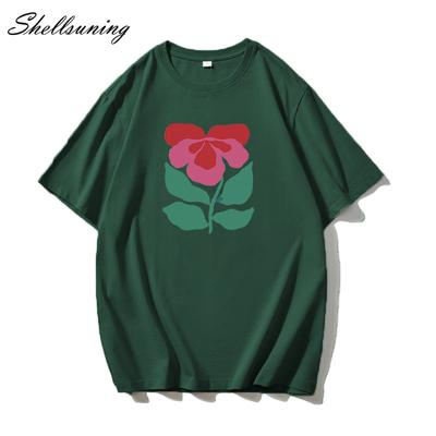 Женская футболка Shellsuning с красивым цветочным принтом, летние объемные повседневные футболки с круглым вырезом, простые универсальные футболки для девочек, базовые топы для пар в стиле Харадзюку
