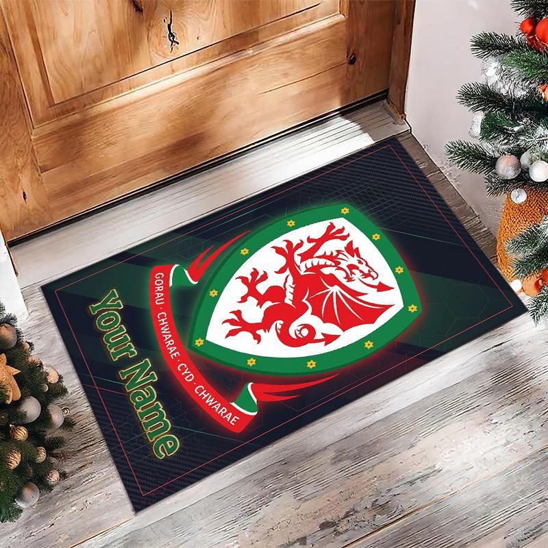 Wales Rugby Crystal Velvet Rug, Custom Name Text Personalized Non‑Slip Floor Mat for Home Decor Gift