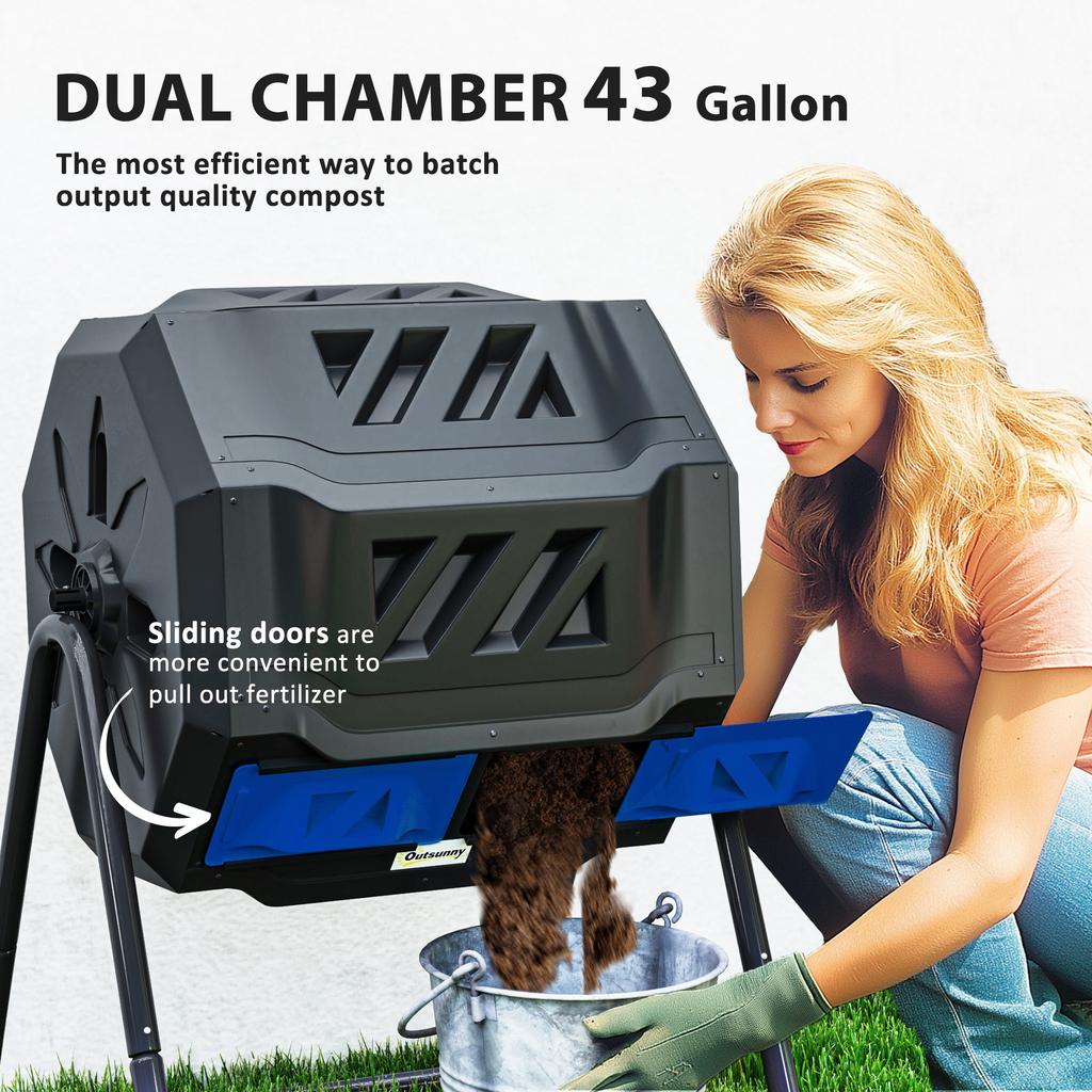 160L 360 degrees Rotating Dual Chamber Composter - Blue
