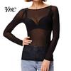 Women Sheer Long Sleeve Blouses Sexy Skinny Tops See-through Black Mesh Pullover O-Neck Lightweight Transparent Punk Club Tee Shirt
