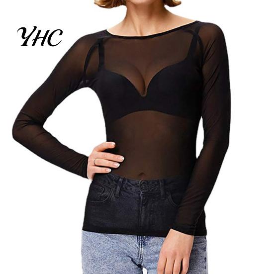 Women Sheer Long Sleeve Blouses Sexy Skinny Tops See-through Black Mesh Pullover O-Neck Lightweight Transparent Punk Club Tee Shirt