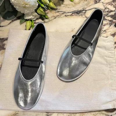 Серебристые балетки женские плоские туфли Мэри Джейн одинарные туфли с открытым верхом белые для通勤 бабушкины туфли