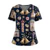 Women's Christmas Print V-Neck Double Pocket Short Sleeves Hem Slit Uniform And Caregiver Top