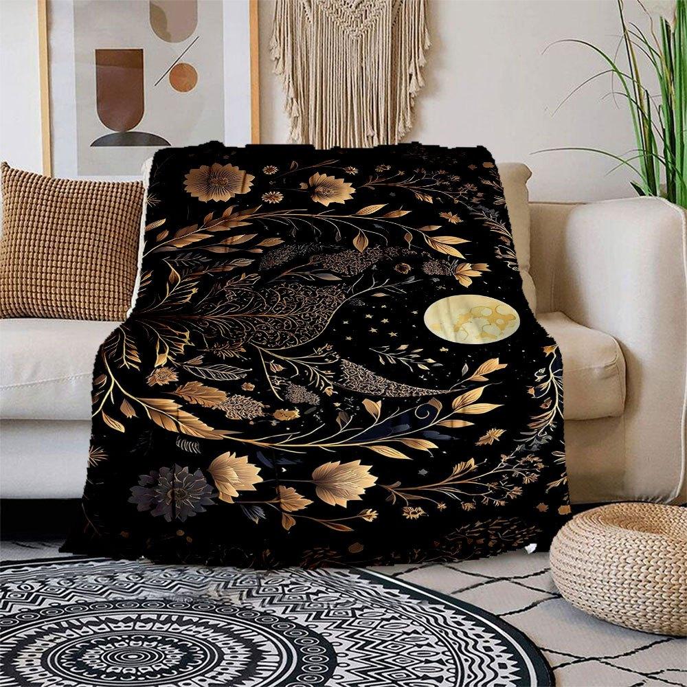 Golden Floral Night Sky Wall Art PrintBlanket Flannel Throw Blanket for Sofa, Bed, Travel, Camping, Office, Couch, Chair, And Bed Gift for C