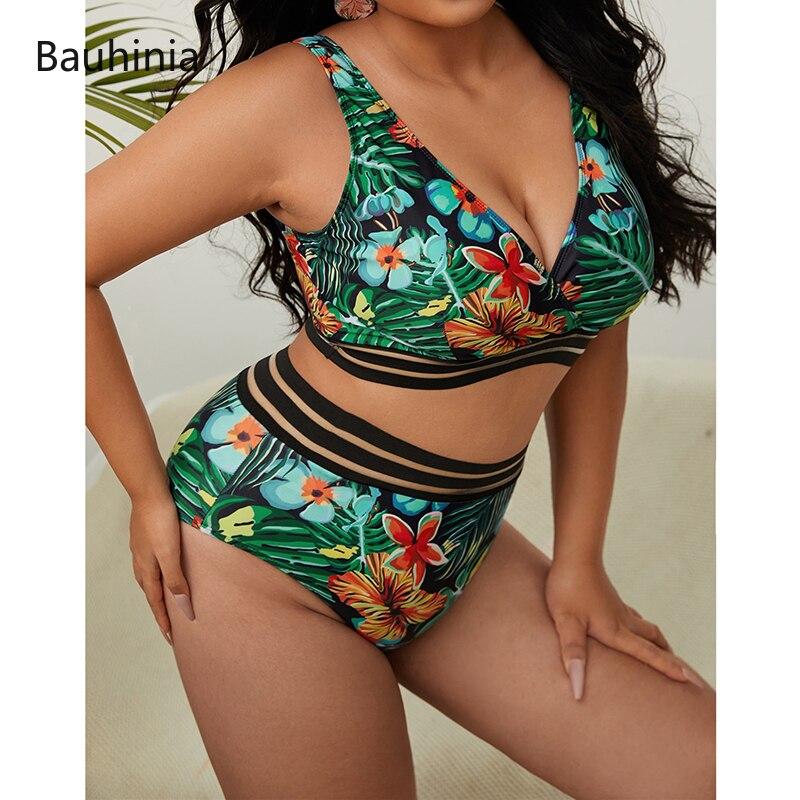 New 4XL Plus Size Swimsuits 2 Pieces Set Women High Waist Push Up Bikini Sets Flower Print Summer Large Bathing Suits