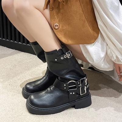 Женские дизайнерские короткие кожаные ботинки Rivet на толстой подошве, низкие каблуки, черные, с пряжкой, в стиле панк