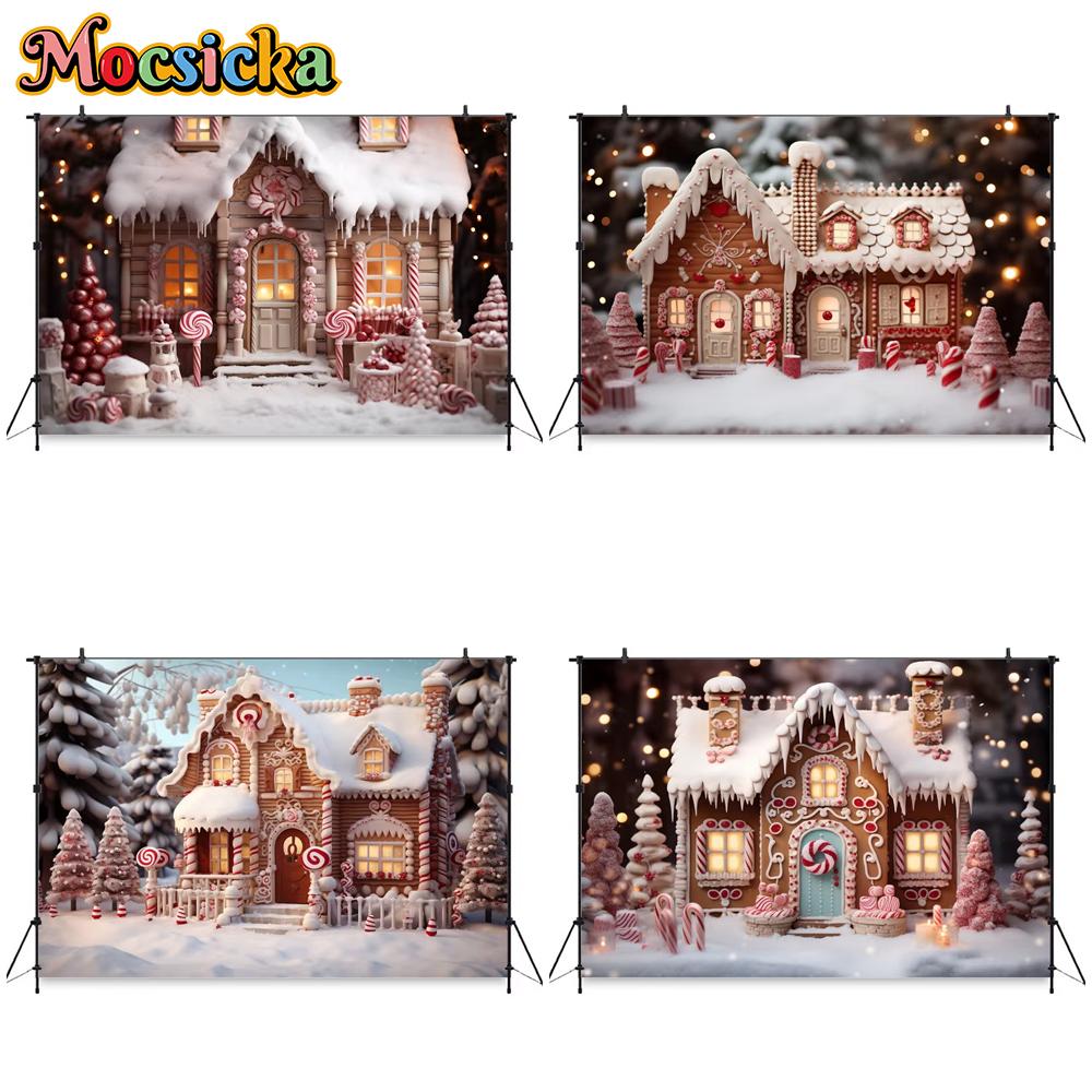 Mocsicka Christmas Candy House Backdrops Photography Xmas Tree Children Birthday Cake Crush Backgrounds Party Decorations Banner
