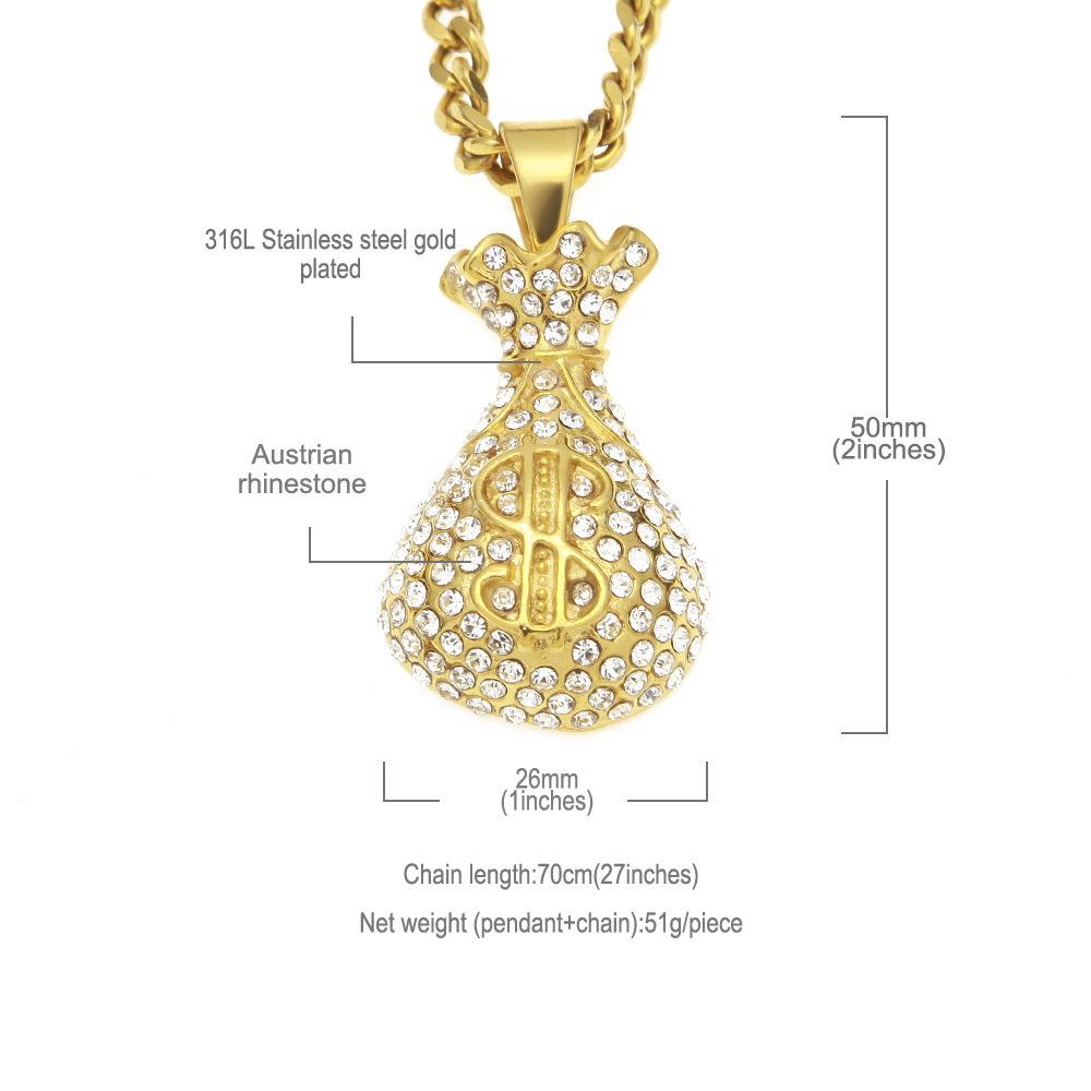 Hip Hop Punk Retro Unisex Handcuff Money Bag Pendant Necklace Set with Gold Chain , Titanium Steel Electroplated Color R