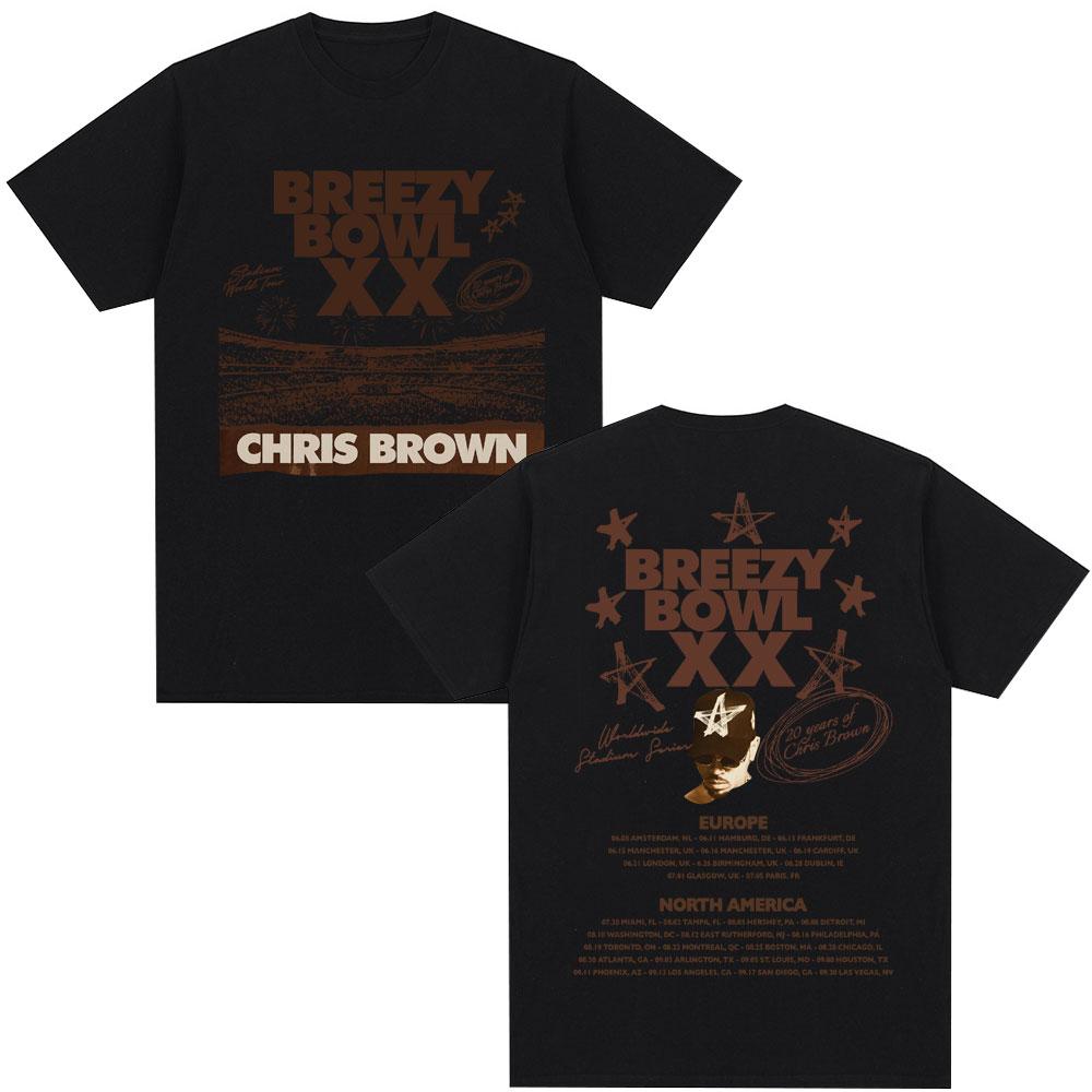 Футболка Rapper Chris Brown Breezy Bowl XX Tour 2025 Мужская Хип-Хоп Ретро С Коротким Рукавом Оверсайз Хлопковая Повседневная Футболка Уличная Одежда