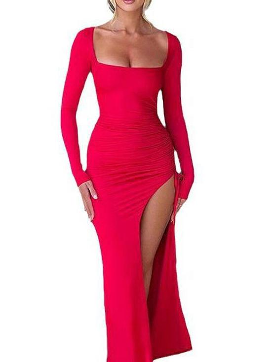 Sexy Square Neck Long Sleeve Bodycon Dress with Slit and Tie-up Design