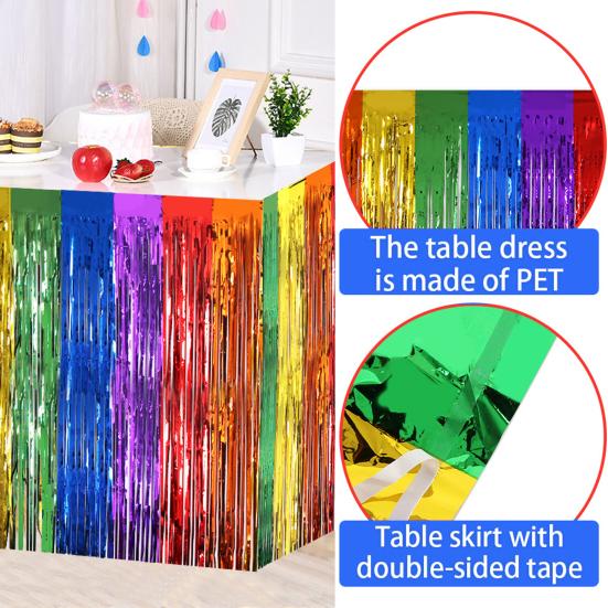 1Pc/2Pcs Rainbow Wavy Table Skirt Metallic Tinsel Foil Fringe Streamers for Birthday Wedding Fiesta Party Decoration