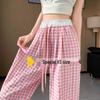 Корейские милые розовые клетчатые женские летние брюки широкого кроя с высокой посадкой