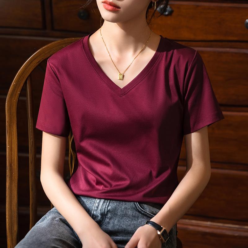 80 Двусторонняя футболка из мерсеризованного хлопка с короткими рукавами для женщин, новая женская футболка из чистого хлопка с V-образным вырезом, закрывающая живот