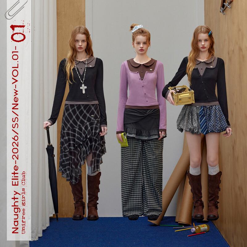 unifree Весенняя футболка для девочки с воротником-куклой, color block, имитация двух предметов