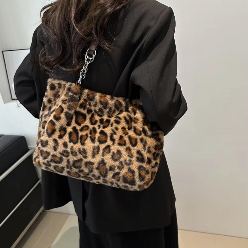 Women's Leopard Print Plush Tote Bag, Large Capacity Fluffy Shoulder & Underarm Handbag, Luxury Commuter Bag