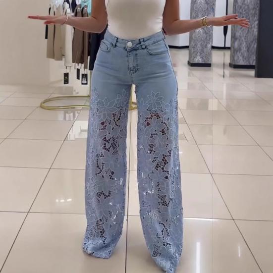 Women's Lace Patchwork Jeans Casual Baggy Straight Wide Leg Denim Pants Mid Waist Floral Hollow Out Jeans
