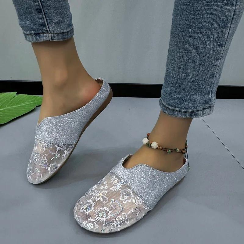 Мода 2025 Мода Женская обувь Закрытый носок Женские тапочки Новая вышивка Уличные Бестселлер Повседневные Удобные Плоские тапочки Zapatos