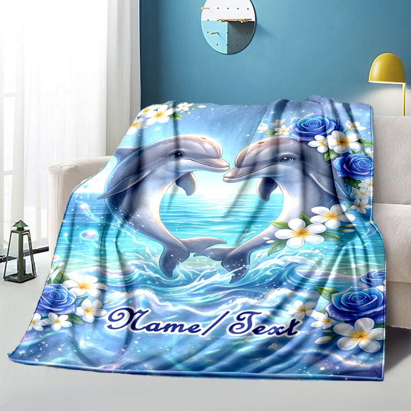 1PC Custom Name Dolphins Heart Shape flannel blanket versatile,all-season throw suitable for the living room,bedroom,camping,travel,and gift