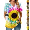 Women's Pleated V-neck Short Sleeved Sunflower Print T-shirt Business Casual Shirt