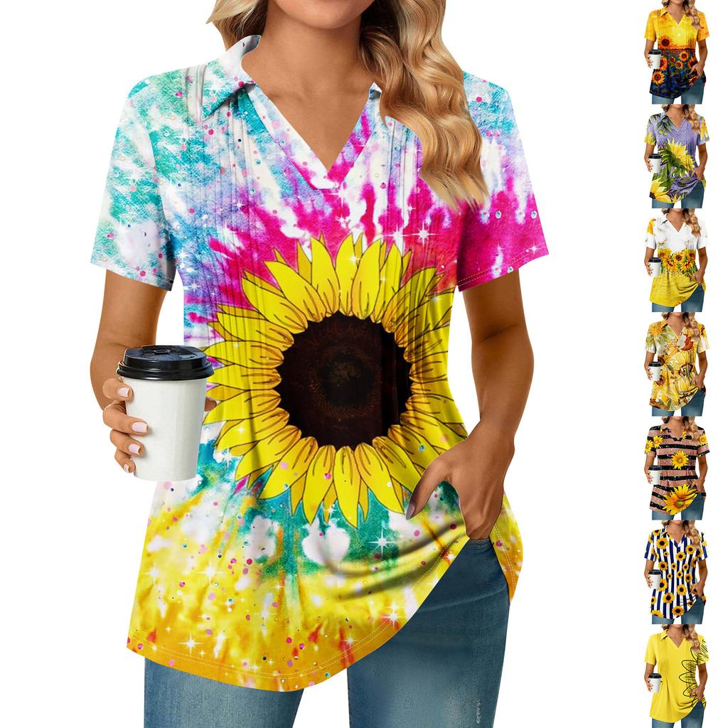 Women's Pleated V-neck Short Sleeved Sunflower Print T-shirt Business Casual Shirt