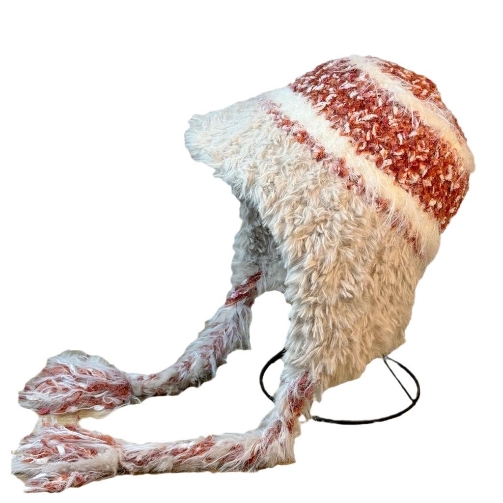 Ethnic Style Striped Splicing Knitted Woolen Hat Autumn and Winter Women's Thickened Warm and Cold Proof Ear Protection Hood Lei Feng Hat