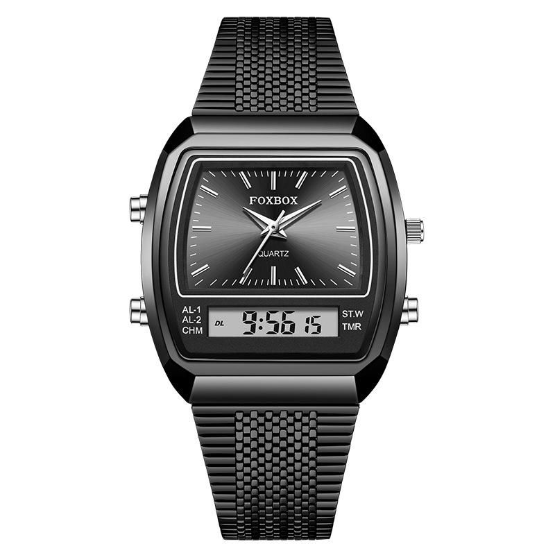 FOXBOX Couple Watch Business Casual Waterproof Dual Display Digital Wristwatch Mesh Band Silver