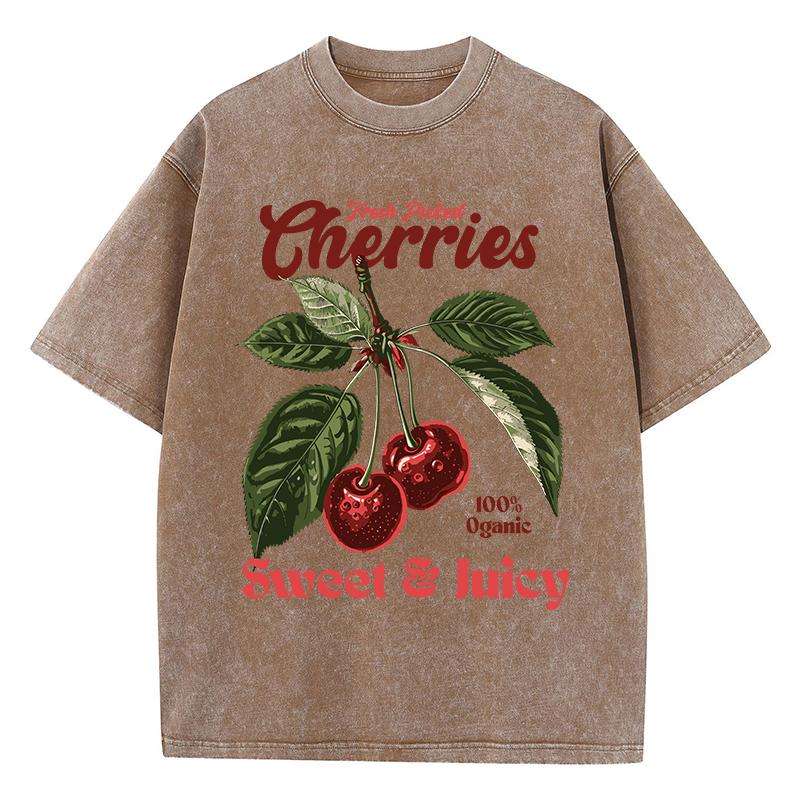 Fresh Picked Cherries Cottonwashed T Shirts Women Sweet Fruit Print T-Shirt Distressed Oversize O-Neck Tops Street Woman Clothes