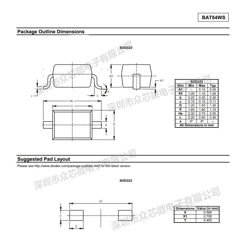 BAT54WS-7-F SOD323 Диод Шоттки, 30В 200мВт, Шелкография L9
