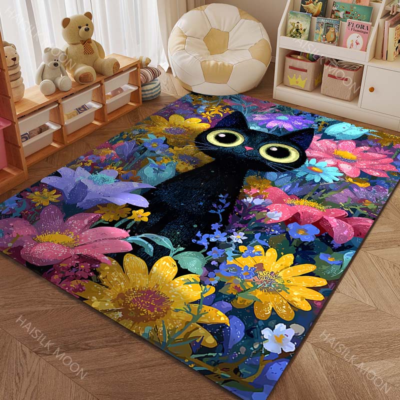 1 шт. Ковер с рисунком черной кошки среди цветов для спальни, гостиной, под диван, креативный коврик для прихожей, гардеробной, домашний декор