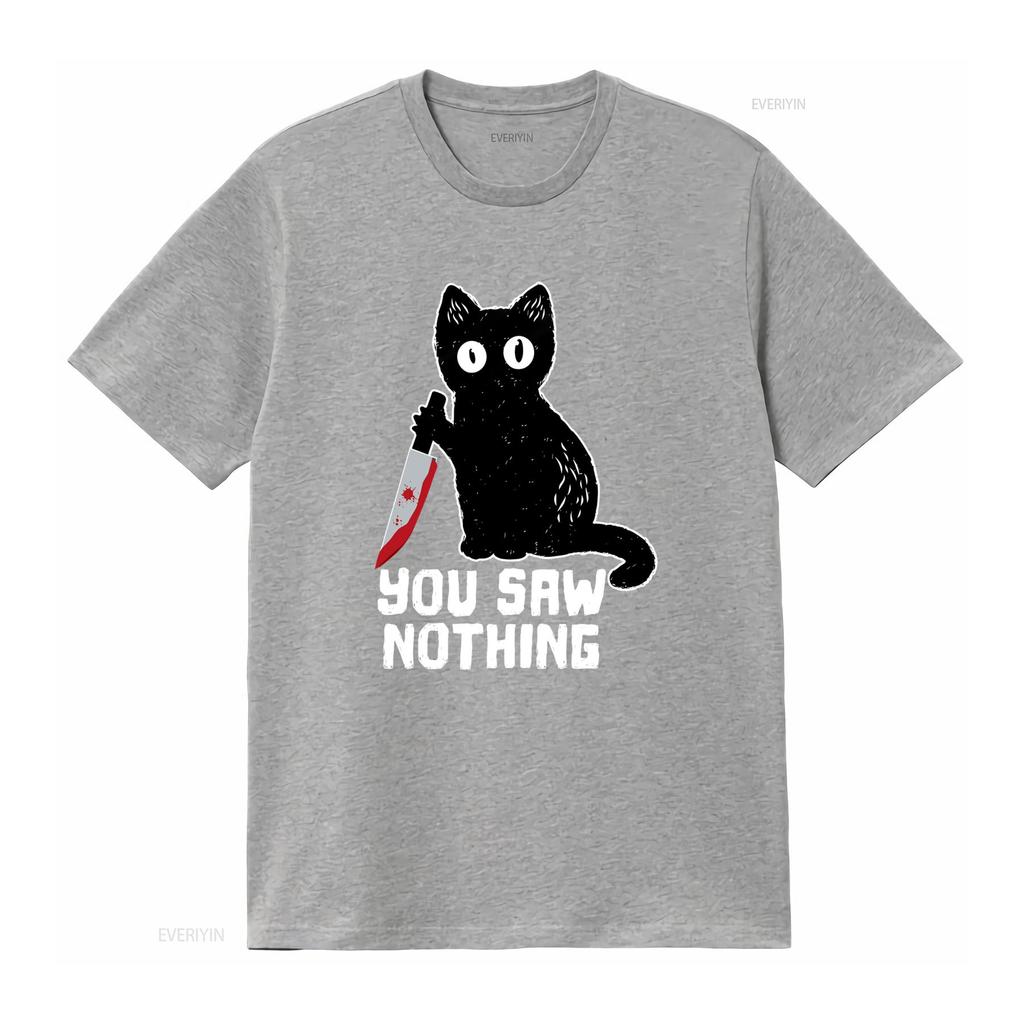 Mens Halloween Funny Cat T Shirt with Bloody Knife You Saw Nothing vintage Washed Top For Everyday Wear Comfortable graphic