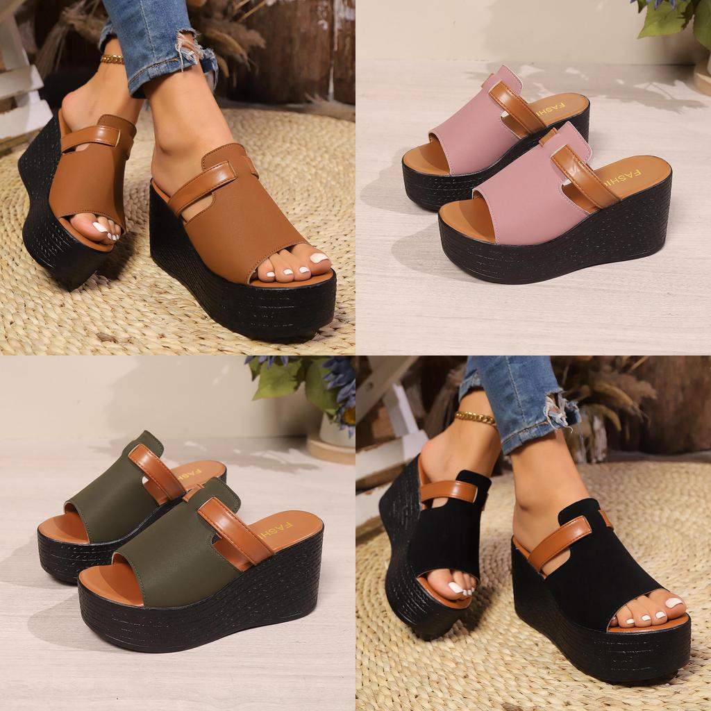 Summer Womens One Word Slides With Thick Pu Upper And Rubber Sole For Casual Wear