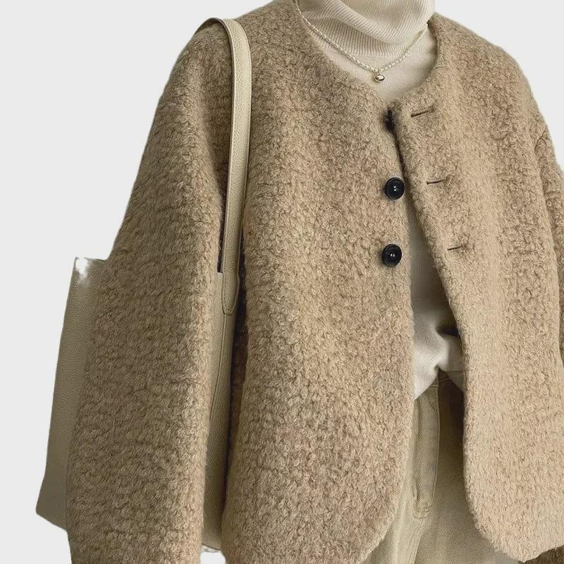 Korean Xiao Xiang Style Lamb Milk Short Jacket for Women - Age-Reducing Small Size In Milk Tea Color