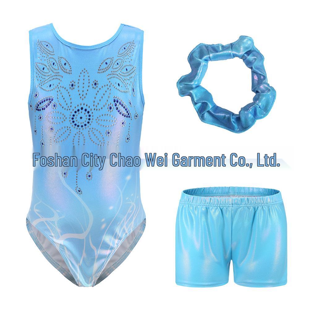Детский гимнастический купальник со стразами, комплект со шортами для танцев и головным убором.