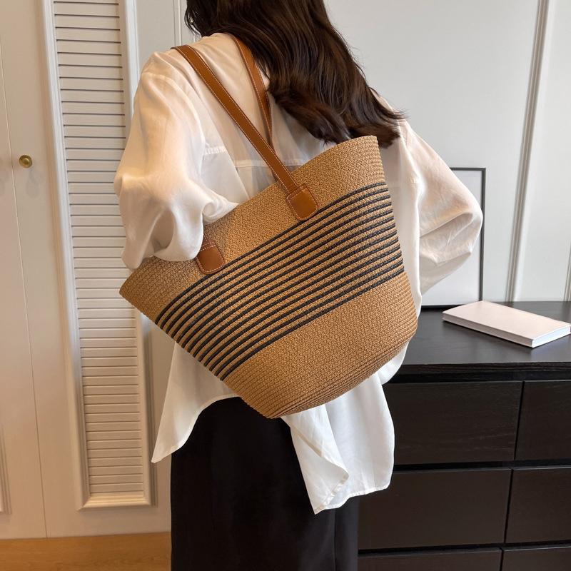 Women Fashion Striped Summer Beach Straw Knitting Shoulder Bag Hollow Out Handwoven Handbags Portable Large Capacity Casual Tote AVE