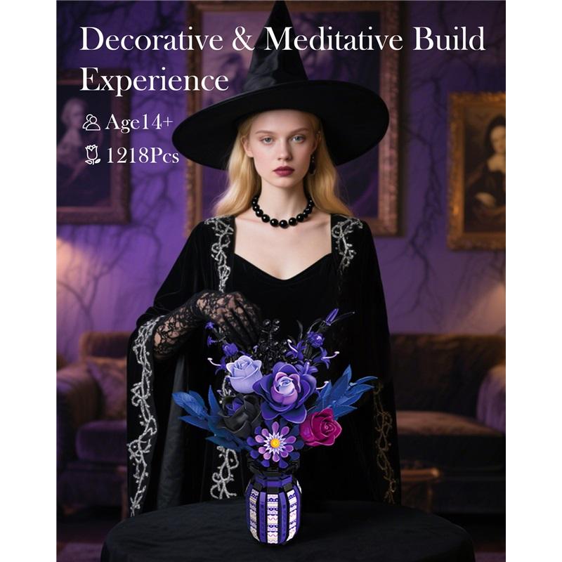 1218PCS Dark Romance Gothic Bouquet Building Blocks Flower With Vase Model Educational DIY Home Decoration Gift For Kids Adults