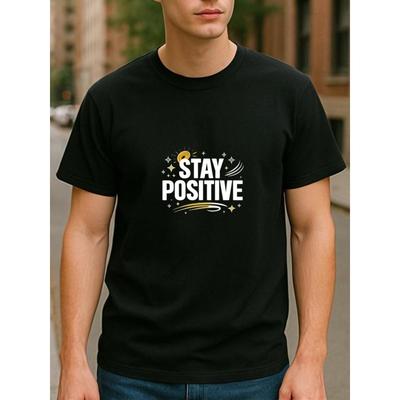 Европейские размеры STAY POSITIVE Позитивный принт | Повседневная мужская футболка с коротким рукавом, Светлая, С круглым вырезом, Универсальная для четырех сезонов