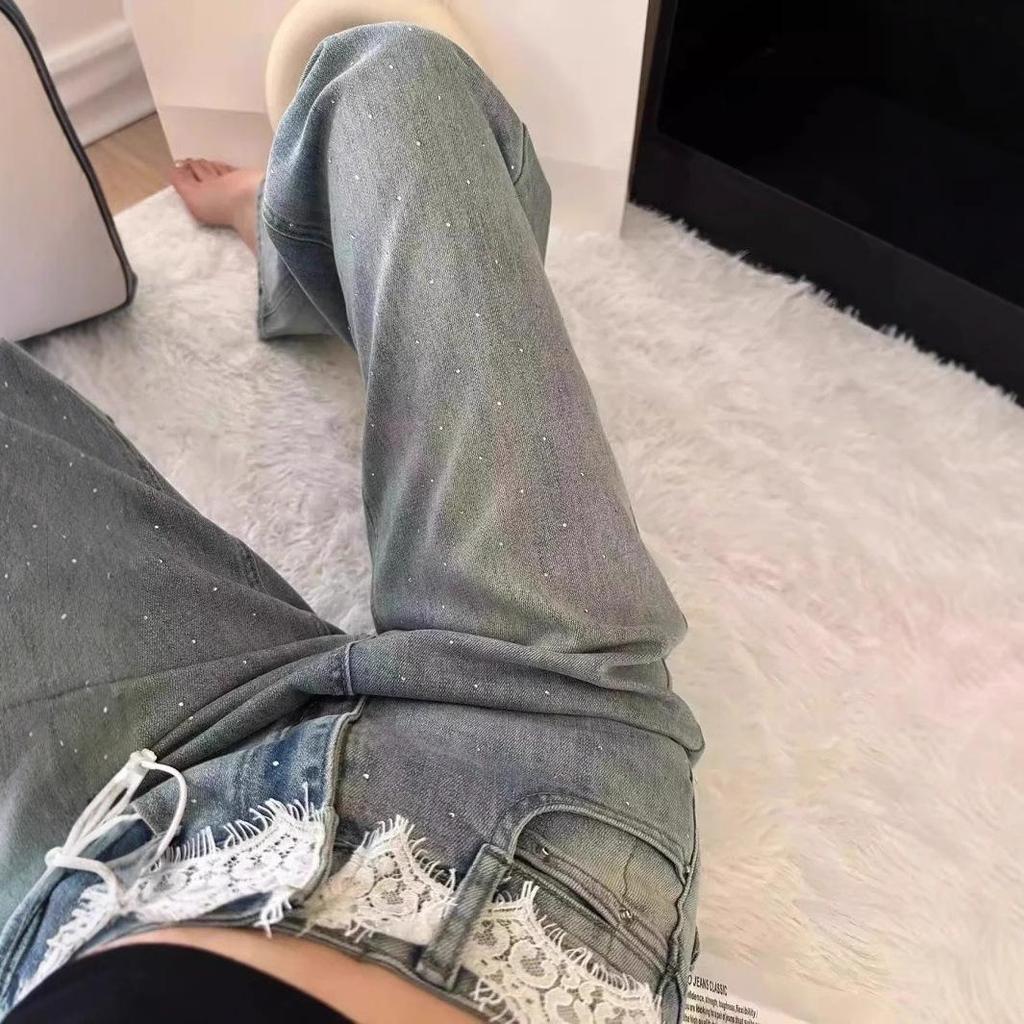 Женские джинсы с высокой талией и стразами - Широкие штанины, Свободный крой, Длина в пол, Летний стиль