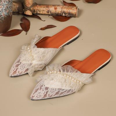 Модные женские балетки-шлепанцы из сетки с кружевом из бисера, дизайнерская обувь с острым носком, модные летние босоножки с ремешком сзади 2025, новые тренды, повседневные сандалии
