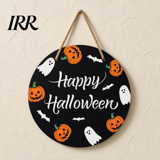 Haunted House Door Sign Halloween Hanging Sign, Wooden Front Hanger Wreath, Cute Eye-catching Ghost Welcome for Porch Wall Indoor Home Decoration