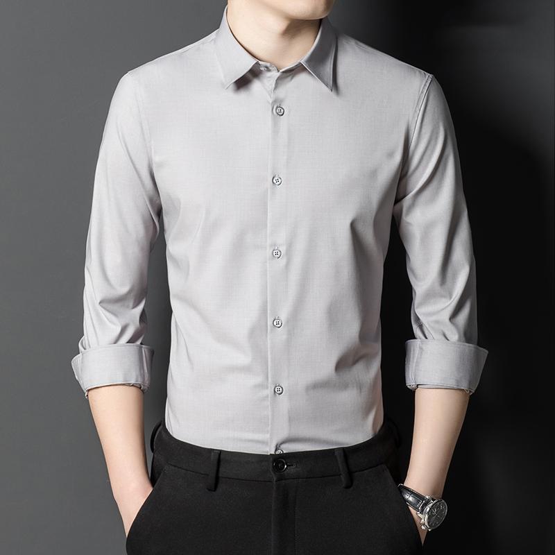Однотонная мужская формальная рубашка из бамбукового волокна с длинным рукавом, удобная деловая посадка обычного кроя с передним карманом