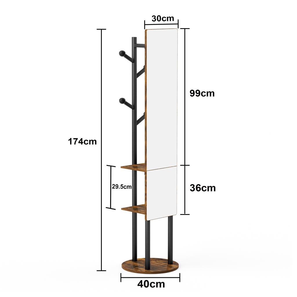 Full-Length Mirror Coat Rack with Storage, 360 Degree Rotatable Clothes Rack, Coat Rack with Hooks, 174*40 cm (Vintage Brown)