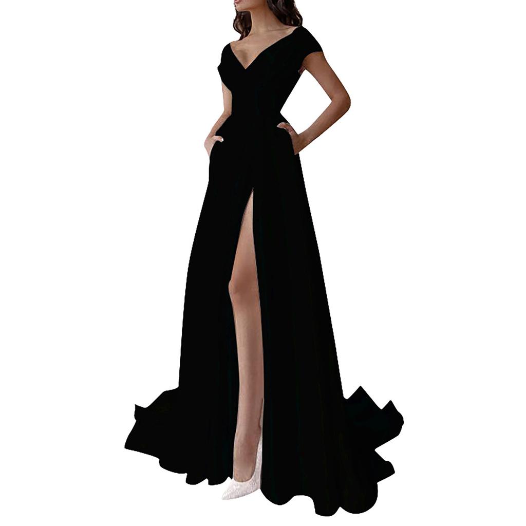 Грудь, завернутая с рюшами по краю, красное, черное, белое, со средней талией, однотонное длинное платье, вечернее платье