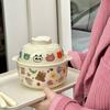Прекрасная керамическая миска для лапши быстрого приготовления «Мишка» Высокая красота Ретро кремовый Большая вместимость Миска с крышкой Студенческое общежитие 650 мл