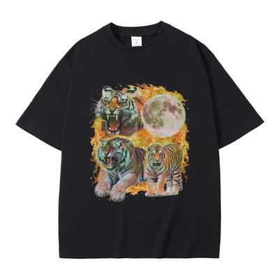 Funny Tiger Graphic T-shirt Vintage Y2k Moon Fire Tiger T Shirts Unisex Women Fashion Streetwear Male High Quality Cotton Tshirt