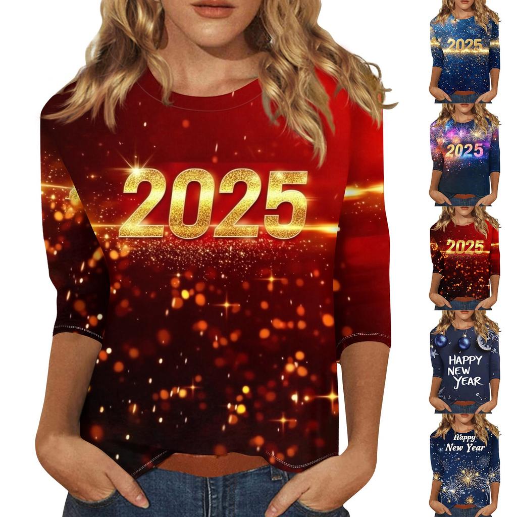 Women's Fashion Casual Three-quarter Sleeve New Year Printed Round Neck Top New Year 2025