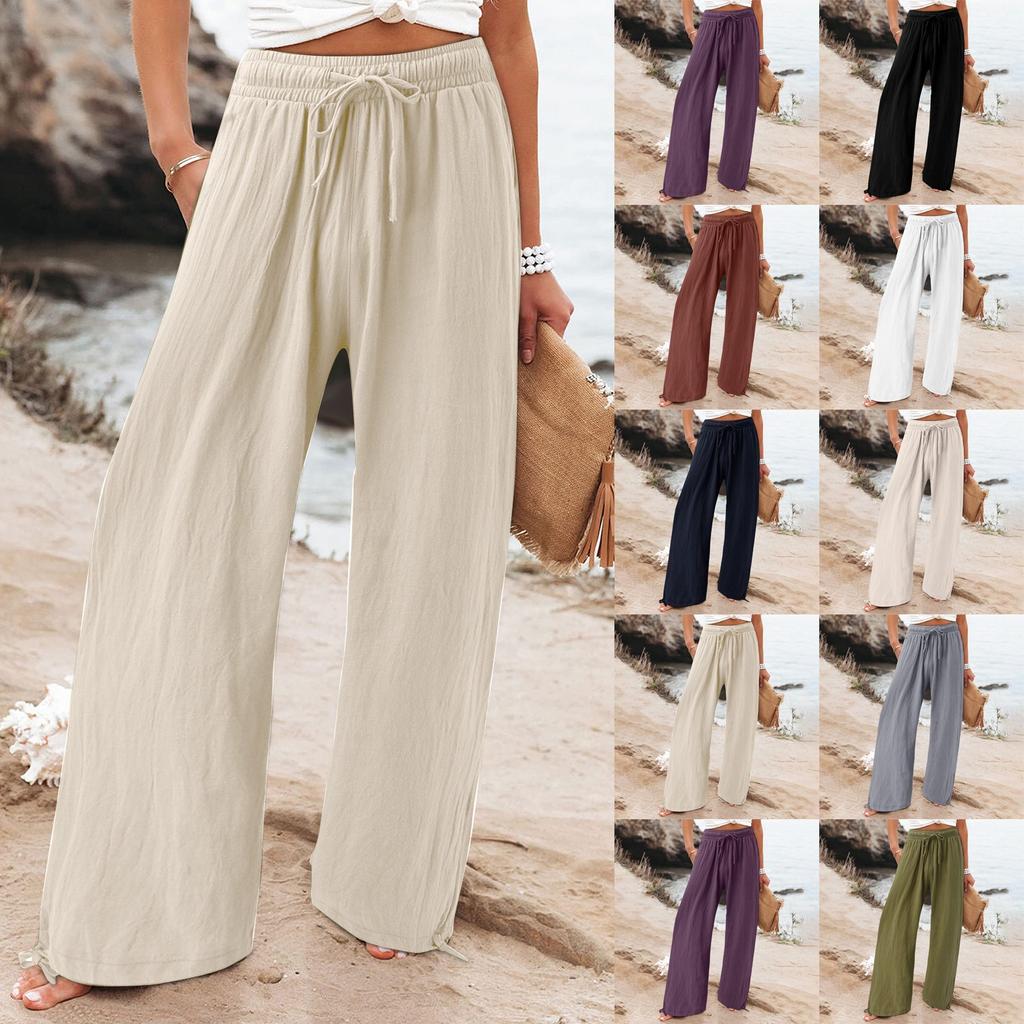 Women's 9-pant Casual Loose High Waist Cotton Linen Wide Leg Long Pants With Pockets