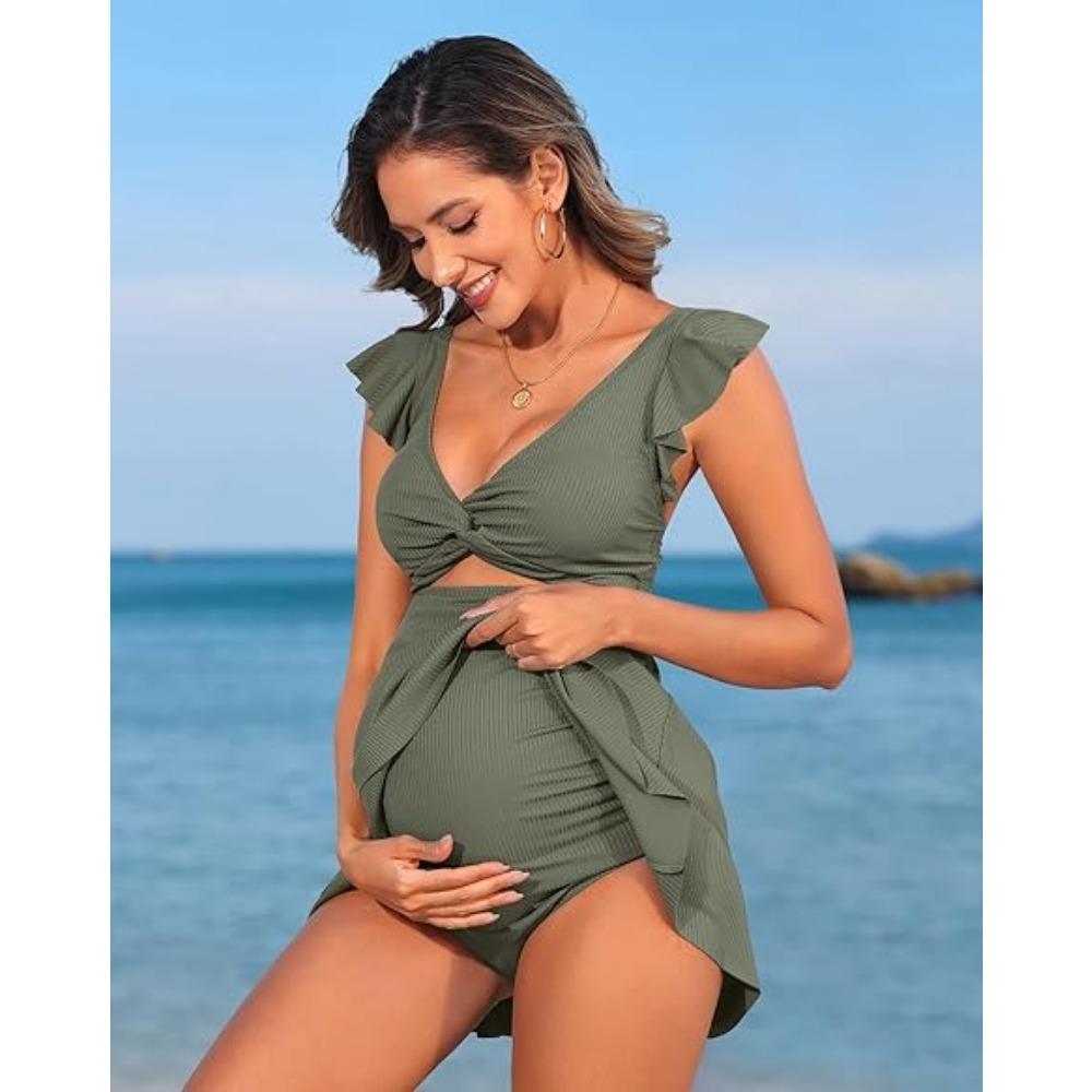 CHARMLEAKS Ruffle Ribbed Maternity Swimsuit One Piece Cutout Pregnancy Bathing Suits Push Up Twisted Swimwear Swim Dress